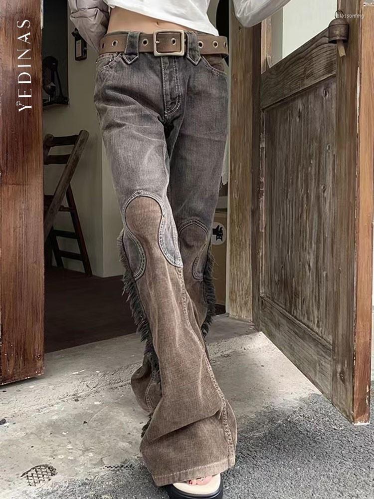 

Women' Jeans Yedinas American Retro Patchwork Mom Femme Y2k Tassel Design Denim Flare Pants Autumn Winter 2023 Do Old Ladies, Multi