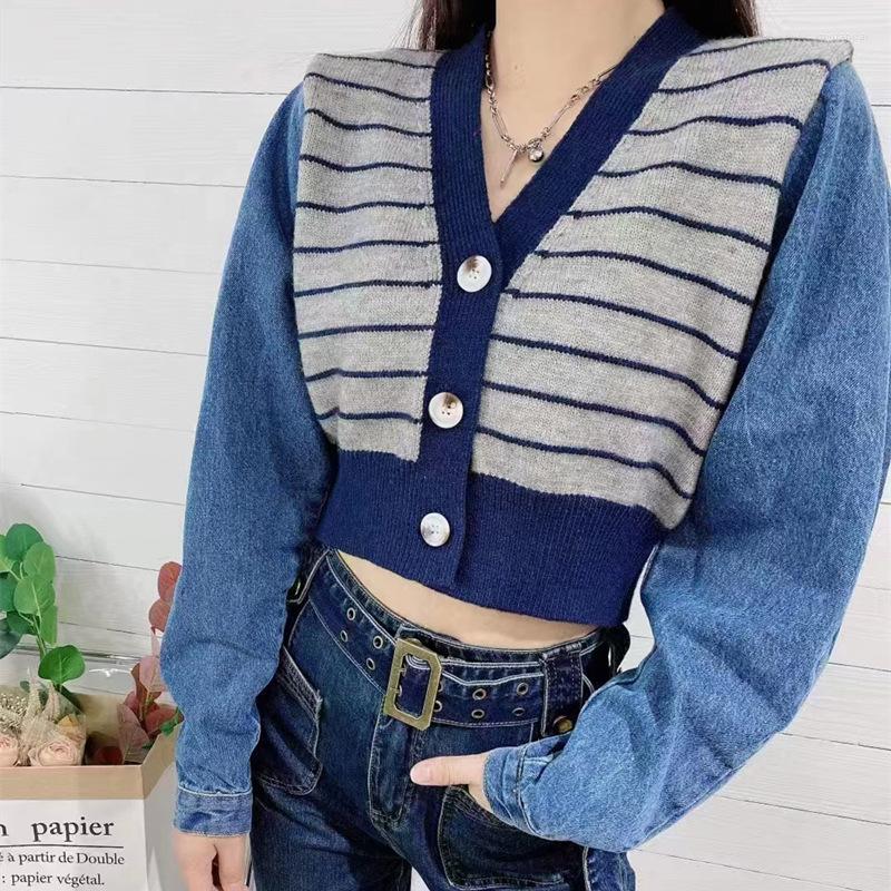 

Women's Knits Contrast Striped Knit Women Sweater Spliced Denim Cardigan 2023 Spring Autumn Korean Version Short Jacket Coat, Gray