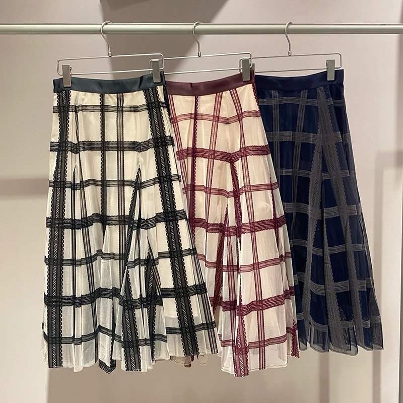 

Skirts Komiyama Chic Hit Color Plaid Gauze Skirts Womens Vintage Legant High Waist A Line Skirt Autumn Patchwork Mesh Jupe Femme 230313, Maroon