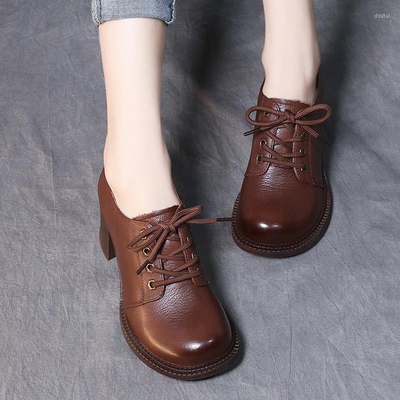 

Dress Shoes YourSeasonLadies Genuine Leather Vintage Pumps 2023 Spring Autumn Concise Casual Women Lace Up Round Toe Handmade, Black