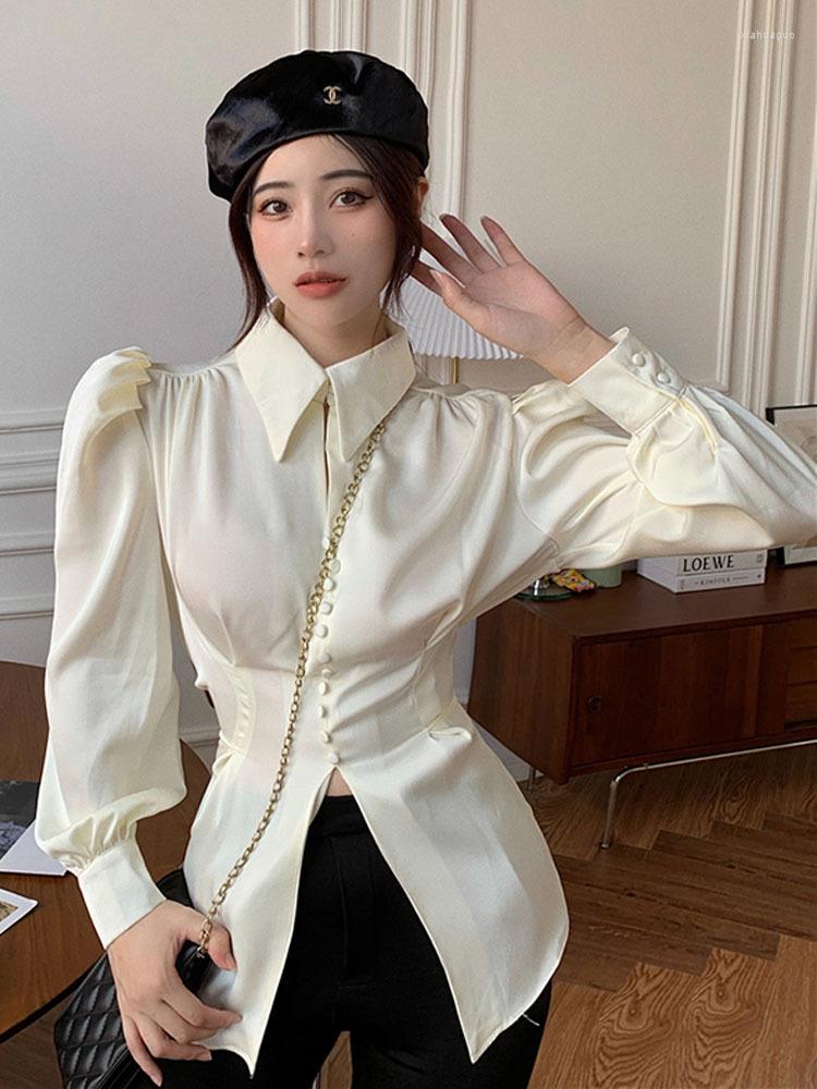 

Women' Blouses Straight Backless Shirts For Women Lapel Long Sleeve Casual Solid Minimalist Button Through Blouse Females Clothing, Creamy-white