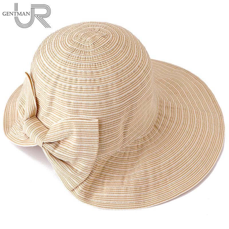 

Wide Brim Hats Women Sun Bow Striped Design Foldable Sunshade Anti-UV Summer Hat Big Beach Female Outdoor Fashion Cotton, Red