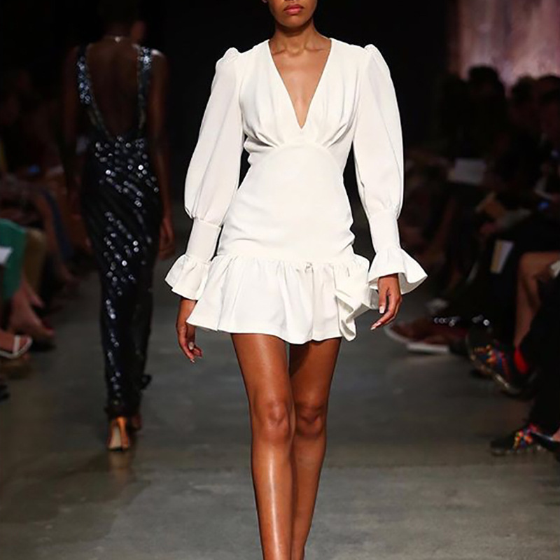 

Casual Dresses 41358 Summer Vintage Deep V Neck White Pleated Dress 230313, No box