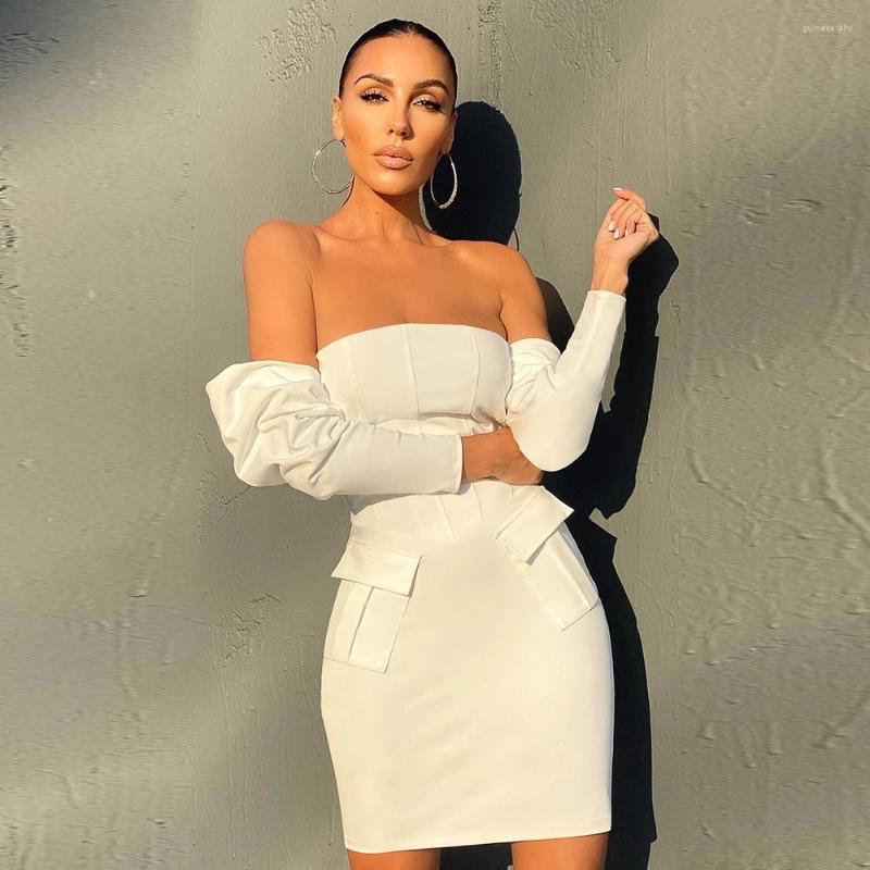 

Casual Dresses High Street Spring Sexy Fashion Elegant Off Shoulder Full Sleeve Backless Pocket Bodycon Mini Bandage Dress, Black