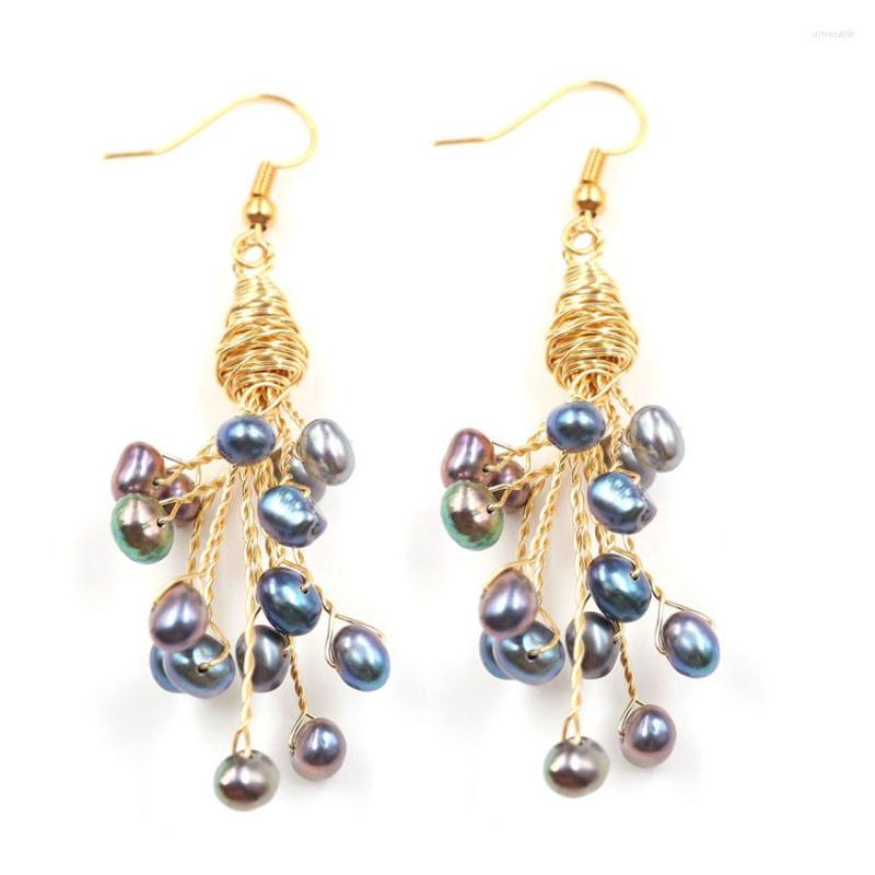 

Dangle Earrings Light Yellow Gold Color Wire Wrap Multi Layer Irregular Shape Pearls Ethnic Style Jewelry