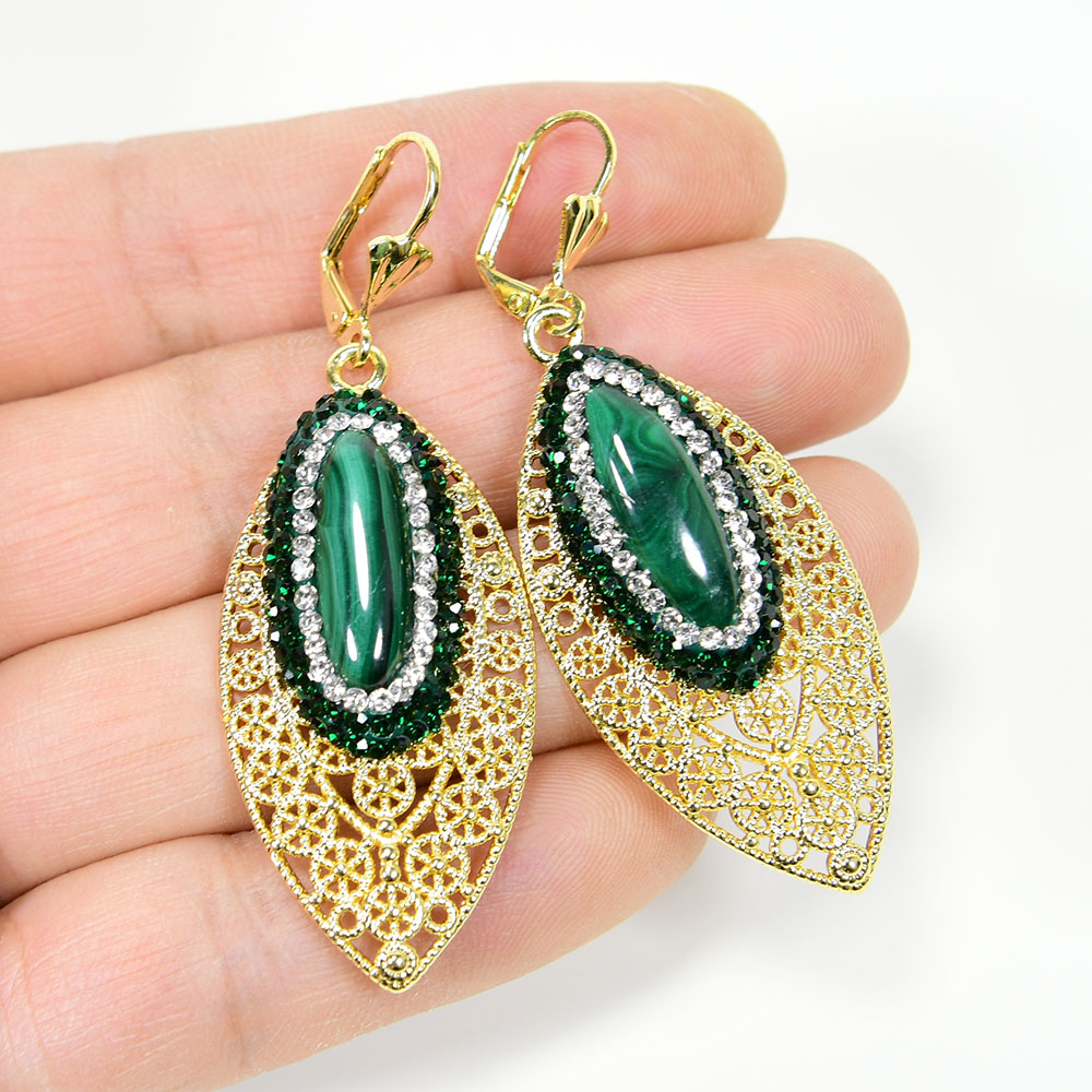

Modern Fashion Natural Green Malachite Dangle Oval Crystal CZ Pave Dangle Drop Earrings For Women Party Jewelry Gifts