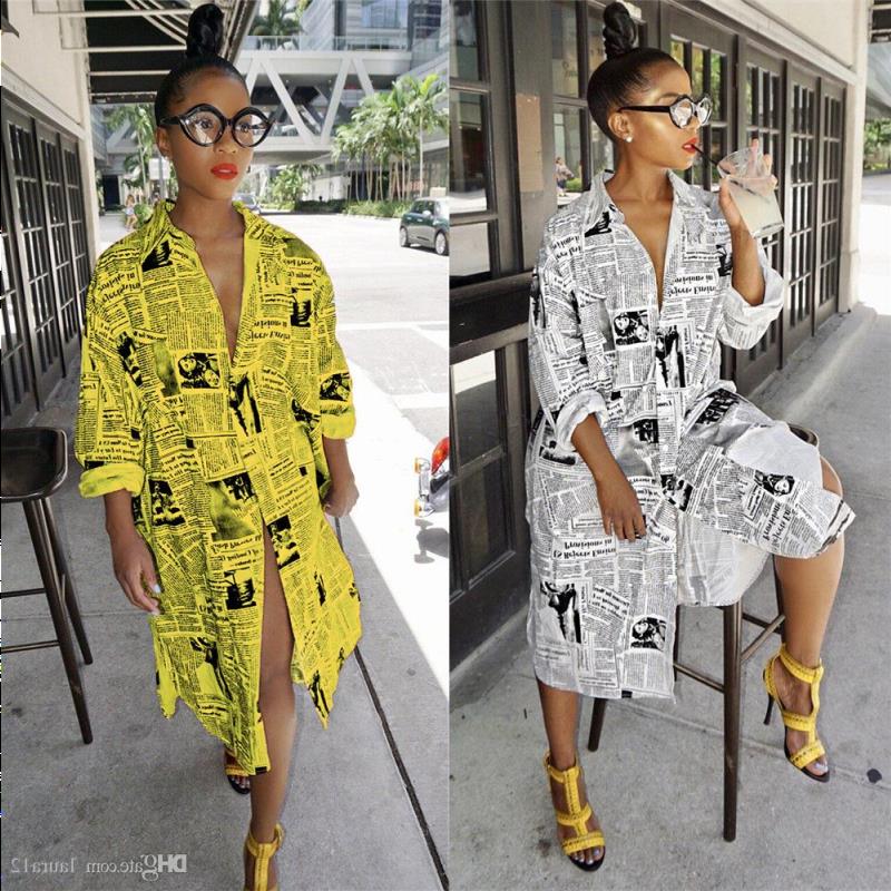 

Casual Dresses New Sales Newspaper Letter Printing Fashion Women Long Shirt Dresses Long Sleeves Lapel Neck Buttons Spring Summer Casua Smrq, White