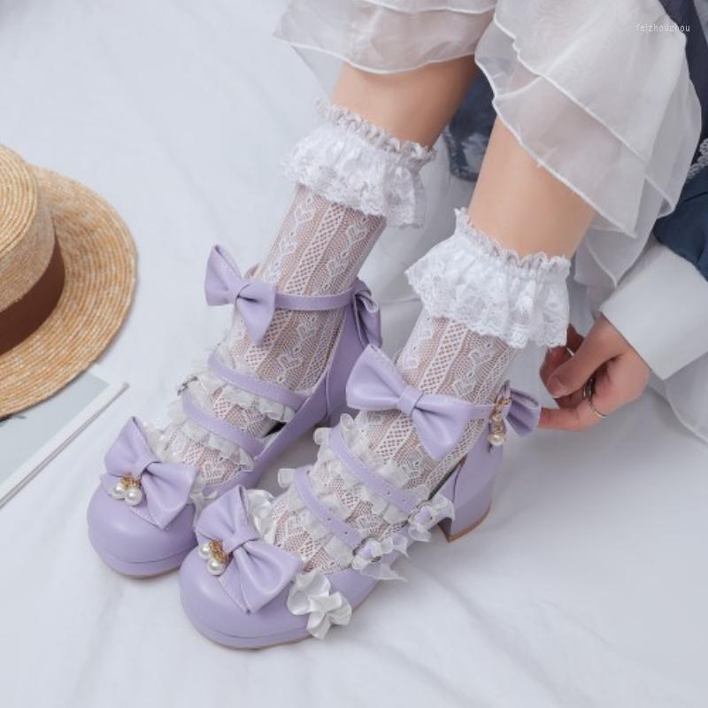 

Sandals 2023 Children's Lolita Shoes Japanese Mary Jane Lace Metal Buckle Girls High Heel Bow Princess Size 29-43 Heels, T33-purple