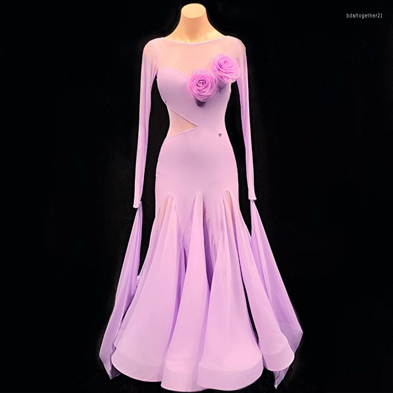 

Stage Wear Long Sleeved Ballroom Dance Competition Dress Purple Mesh Modern Evening Dresses Latin Dancing Clothes SL7369