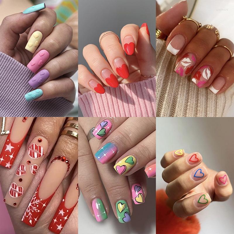 

False Nails 24Pcs Wearable With Glue Valentine's Day Short Ballet Fake Colorful French Heart Lip Pattern Press On, 186