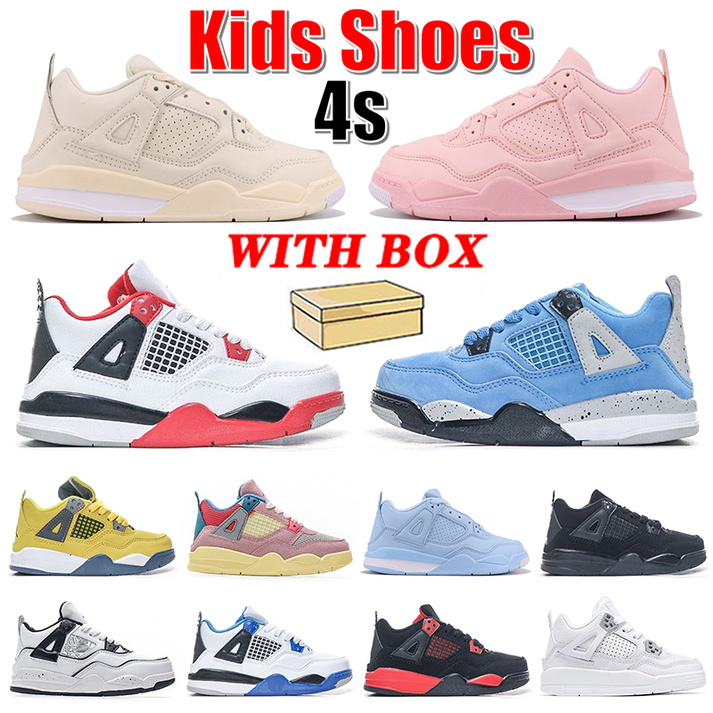 

With Box 4s Kids Basketball Shoes Jumpman 4 Youth Toddlers Infants Boys Girls Sneakers OW Sail Pink Fire Red University Blue Lightning Black Cat Trainers Outdoor 25-35, 4 pink