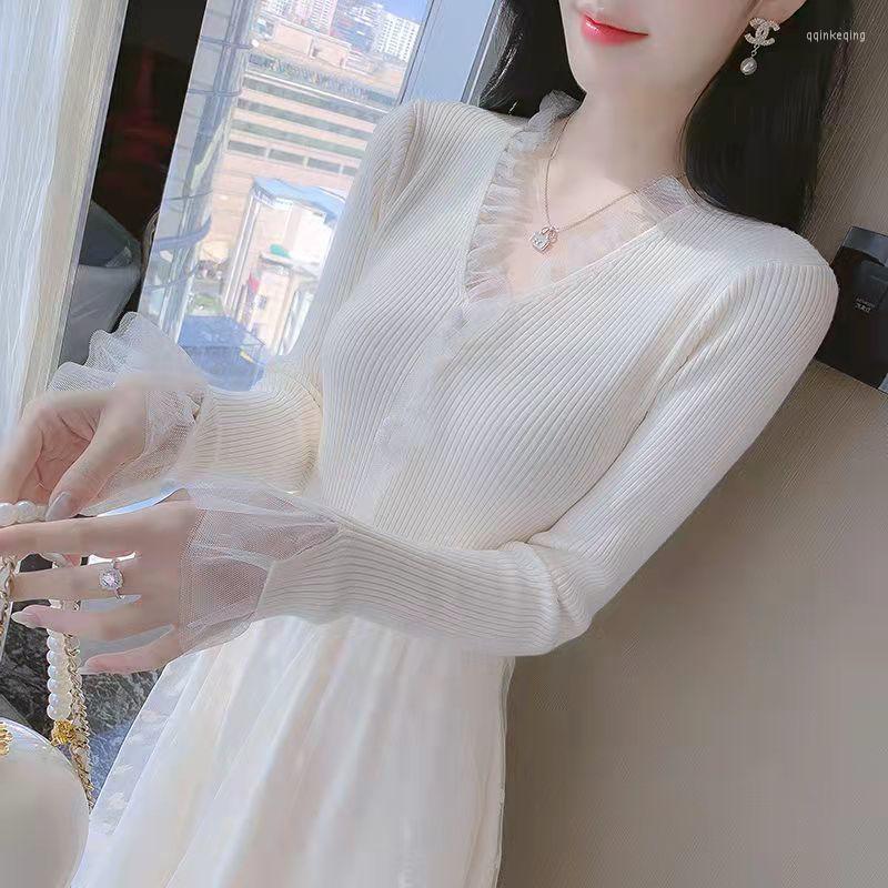 

Casual Dresses Early Spring French Sweet Temperament Gentle Lady Waist First Love Fairy Skirt Bottoming Knitted Mesh Dress, Creamy-white