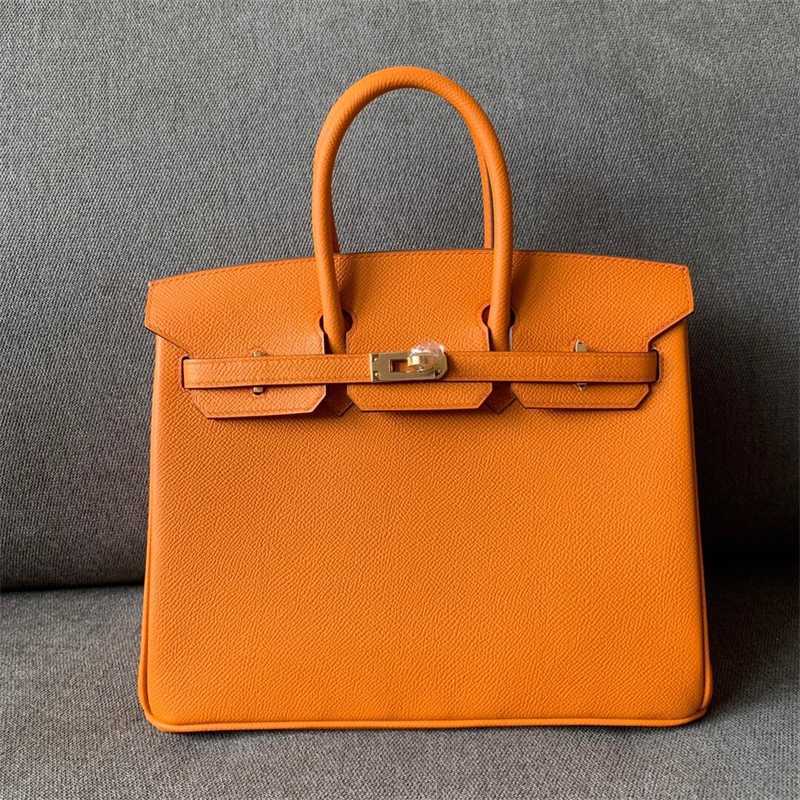 

Luxury Bag Birkin Top version pure handmade 25 leather high grade feeling Epposm leather handbag female apricot silver button orange with logo, Gold clasp