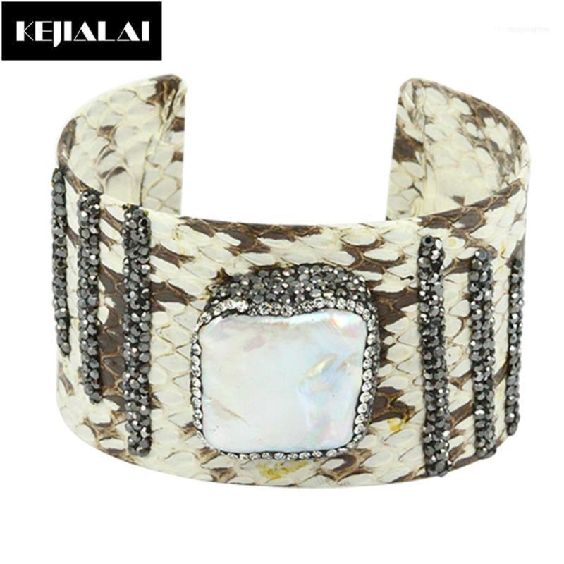 

Bangle Fashion Bohemia Style Python Leather Women Men Jewelry Paved Rhinestone Freshwater Pearl Shell Bracelet Charm Open Cuff1