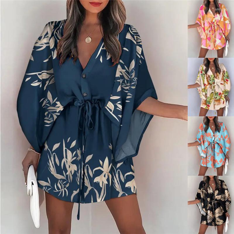 

Casual Dresses Summer Women Loose Print Short Dress Collect Waist 2023 Sexy V Neck Sashes Flying Sleeve Holiday Vestido Feminino, Green