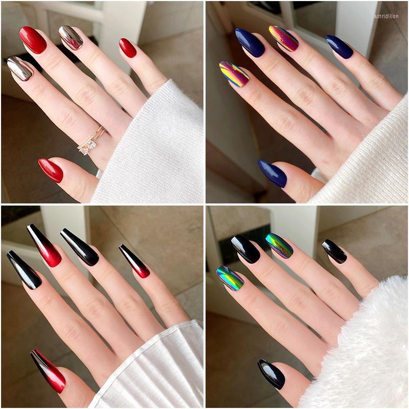 

False Nails 24Pcs/Box Red Silver Short Round Wearable Press On Fake Tips With Glue Acrylic Symphony Gradient Full Cover Manicure Tip, Zj03