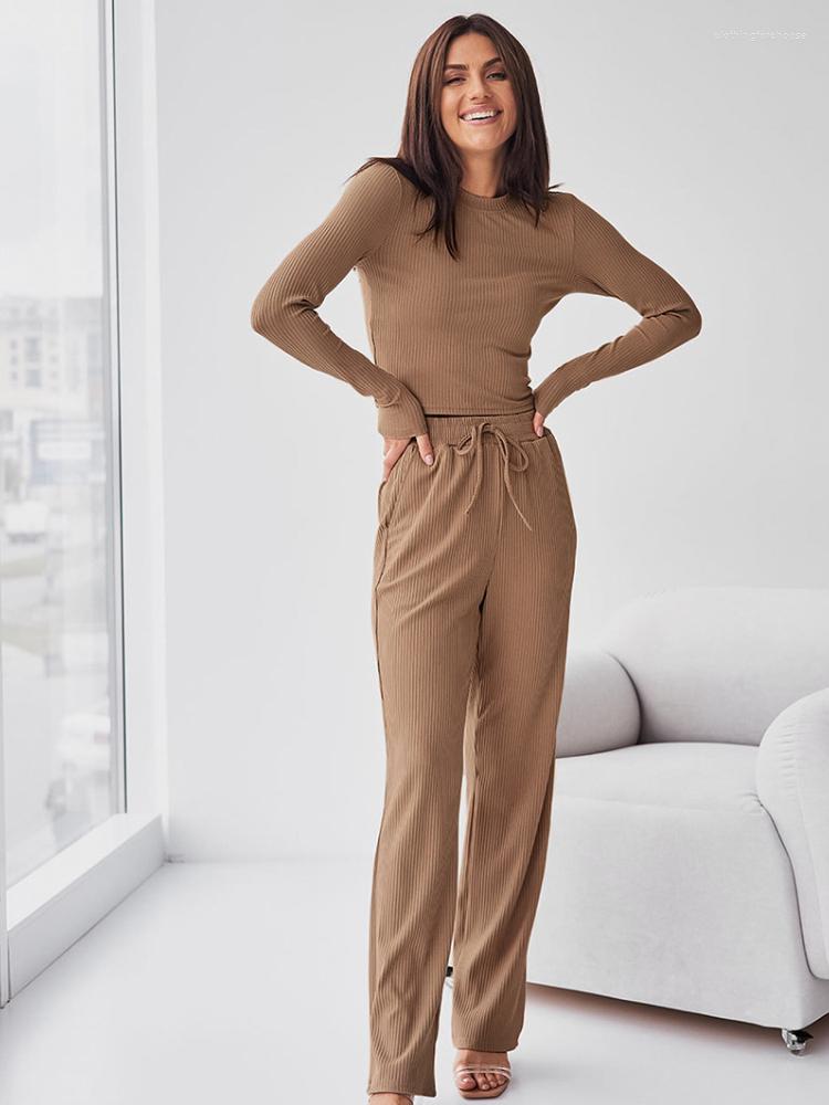 

Women' Sleepwear Sumuyoo Women' Knitted Nightgown 2 Pieces Set Slim Full Sleeves Short T-Shirt Loose Trouser Suits Female Pajamas Sets, Black