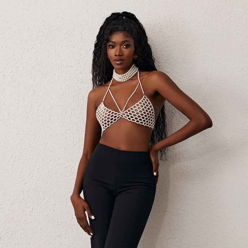 

Women's Tanks Leqoel Sexy Pearls Mesh Bra Tops Chain For Women 2023 Fashion Beading Camisole Vest Hollow Out Grid Bralette Bead Crop, White