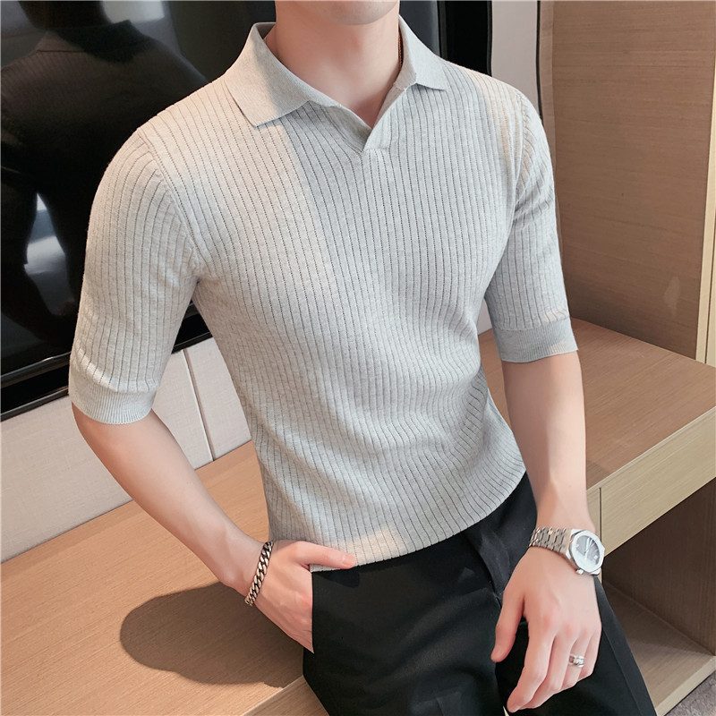 

Men's T-Shirts Stretch Slim Polo Shirts Summer Solid Color Casual Lapel Short Sleeve Striped T-Shirt Brand Men's Clothing Knit Polo Shirts 230313, Blue