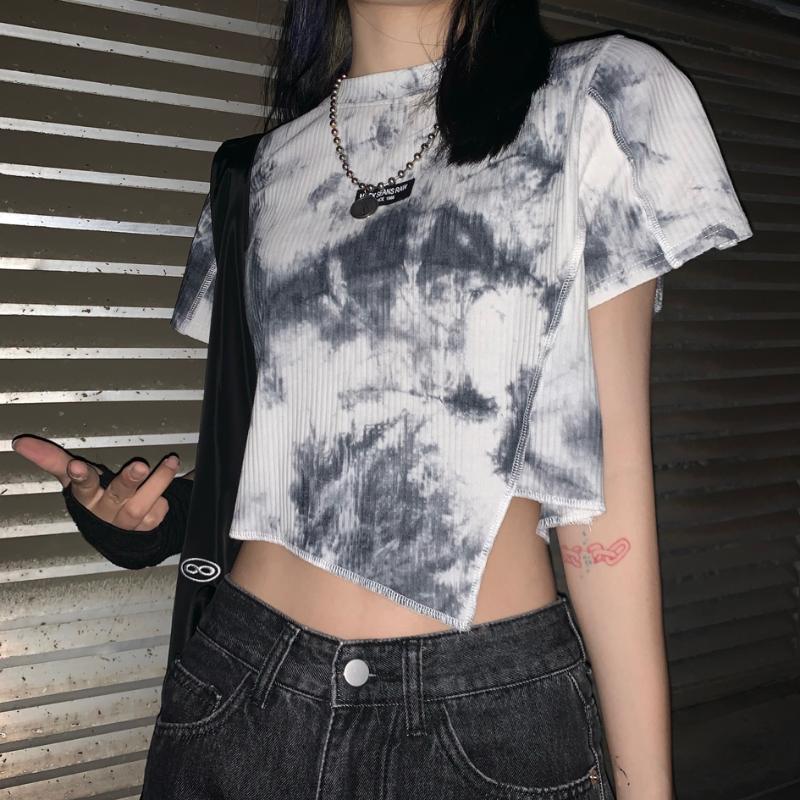 

Women' T Shirts Summer 2023 Korean Style Harajuku Tie-dyed Irregular Short Sleeve Graphic Slim Tops Hipster, Picture color