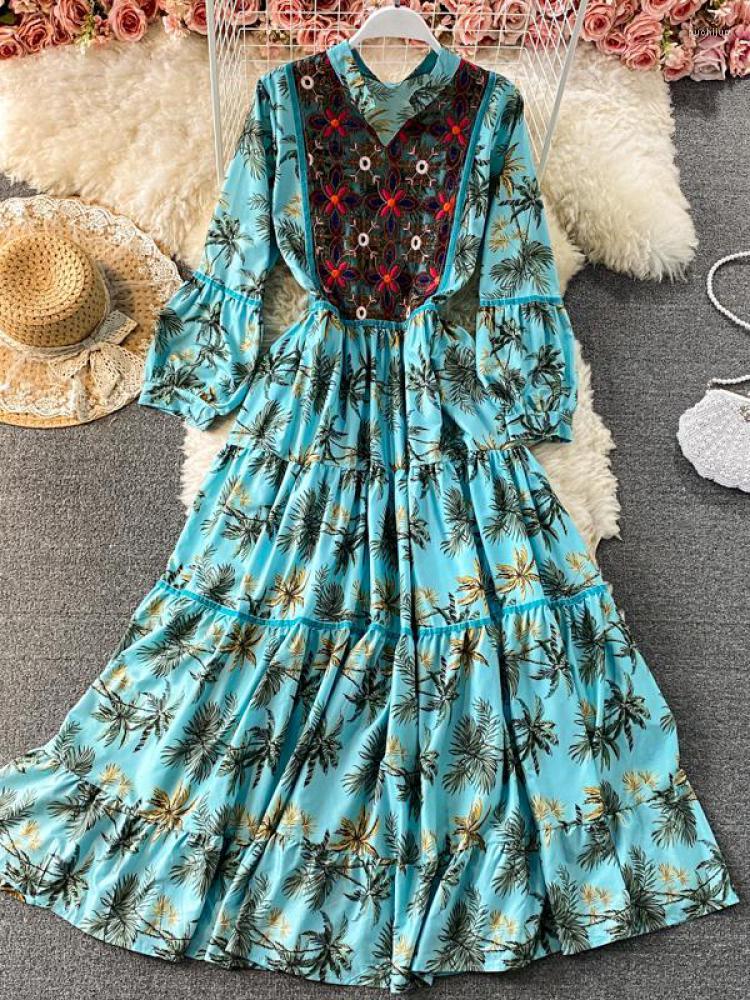

Casual Dresses ZCWXM Summer Long Puff Sleeve Printed Boho Dress Tourism Holiday Embroidery Robe A-line Women Bohemian, Beige