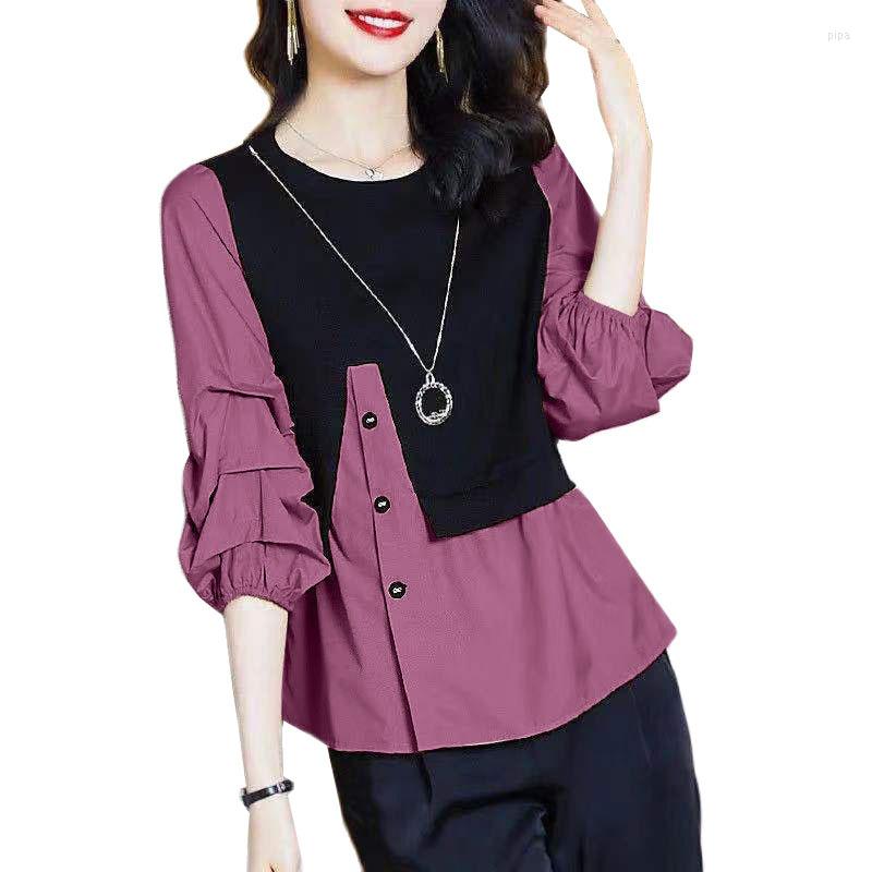 

Women's Blouses 2023 Spring Summer Women Fake Two Shirts Splicing 3/4 Sleeve Elegant Female Pullover Slim Shirt Bottoming Top Ladies, White