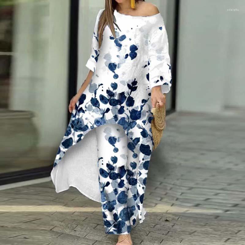 

Women' Tracksuits Office Elegant Irregular Two Piece Sets Fashion O-neck Pullover Tops & Wide Leg Pant Outfits Women Causal Long Sleeve, 06 print