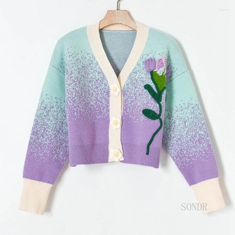 

Women's Knits Fashion Cropped Cardigan Women Floral Appliques Gradient Knitted 2023 Autumn Winter Loose Sweater Jacket Tops, Blue