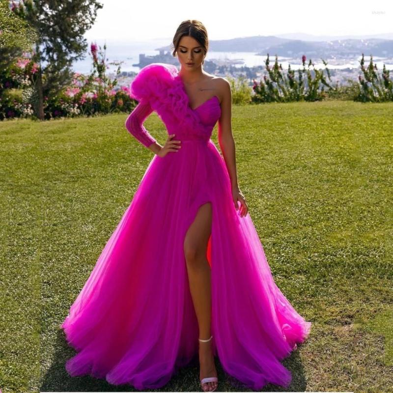 

Party Dresses Pretty Fuchsia Tulle Prom One Shoulder Long Sleeve Handmade Ruffles High Split Women Evening Pageant Gowns, Black