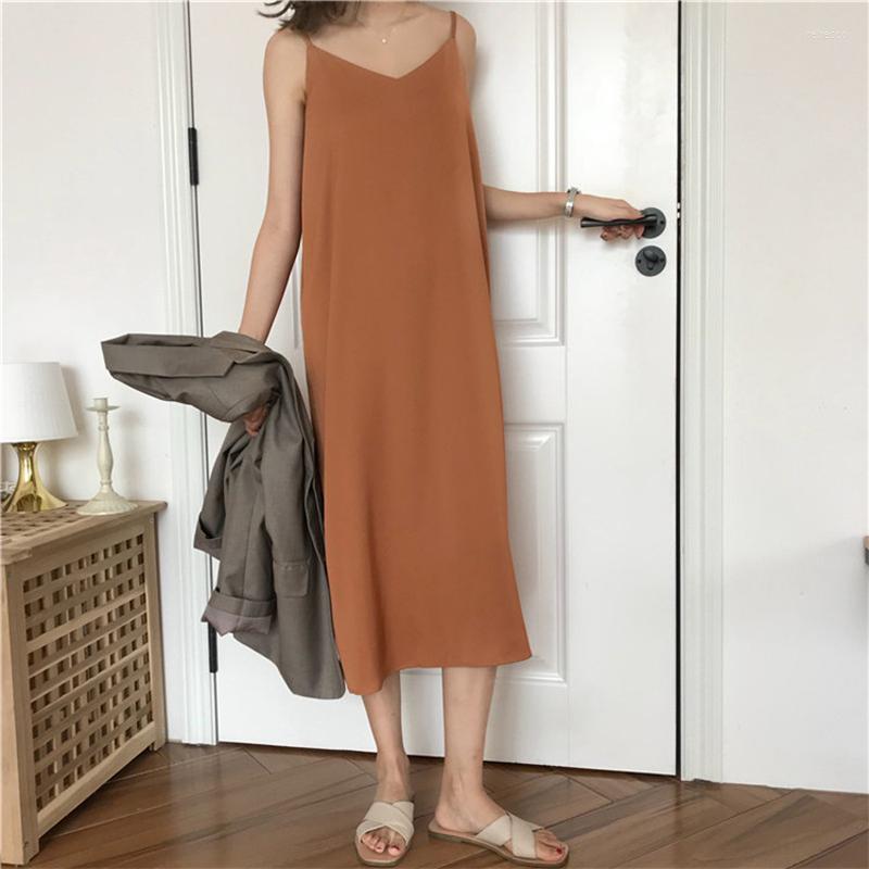 

Casual Dresses Elegant Mesh Maxi Dress Sexy Loose Sleeveless Spaghetti Straps V-neck Solid Color Temperament Party Black Women's Clothes
