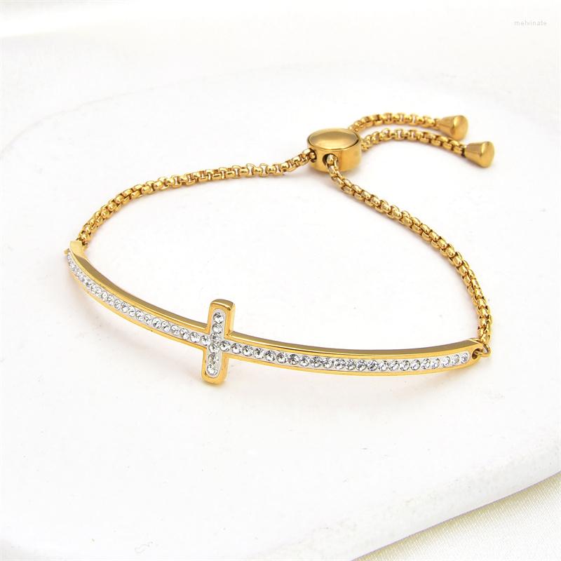 

Bangle Stainless Steel CZ Crystal Christian Cross Charm Bracelet Women Religious Faith Brass Chain Adjustable Trendy Jewelry