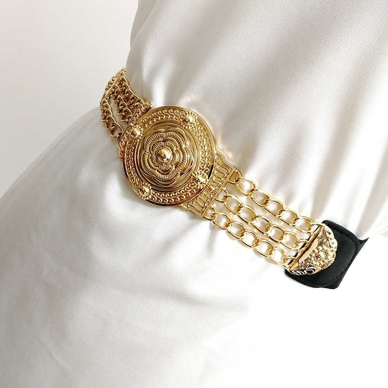 

Waist Chain Belts Buckles Men's Women's Elastic waist seal flower metal chain retractable trend belt women's dress accessories, Black