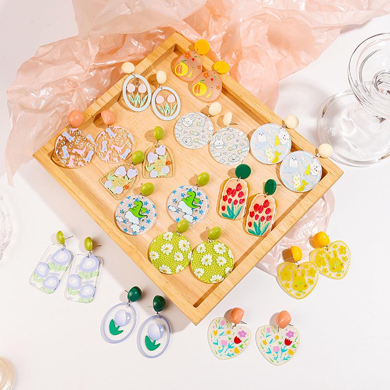 

Stud Earrings Cute Cartoon Flower Dragon Pendant Classic Design Geometric Acrylic Charms Ear Jewelry Gifts For Women Girls