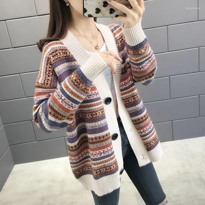 

Women's Knits Autumn Winter Striped Cardigan Sweater Women 2023 Mid-length Long Sleeves Slim Knitted Jacket Female Tops, Black