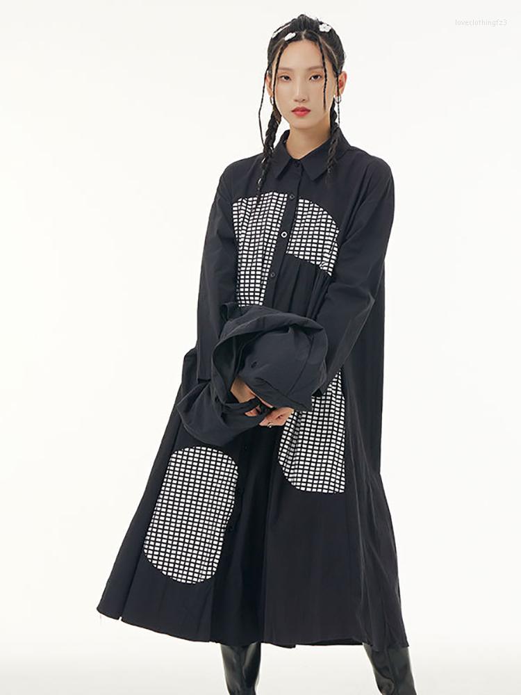 

Casual Dresses Solid Color Geometric Single Breasted Loose Dress 2023 Autumn Arrival Fashion Temperament All Match ZY8157, Black zy8157