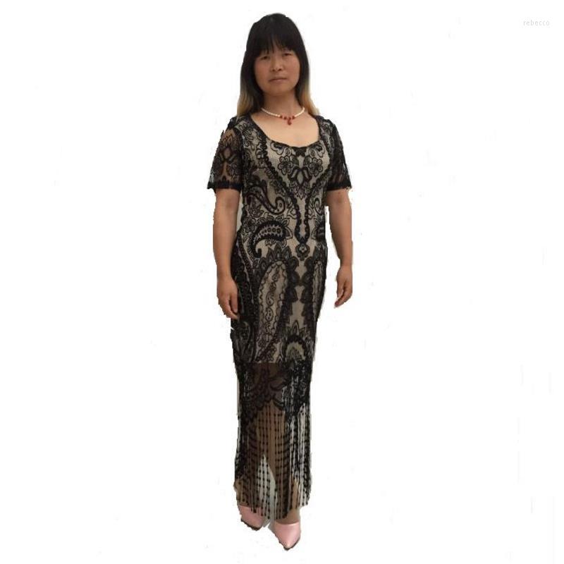 

Casual Dresses ENLU Black Vine Mesh Panel Tassel Dress Women Round Neck Short Sleeve Sexy Party Bodycon Vestidos Real Shooting, Black dress