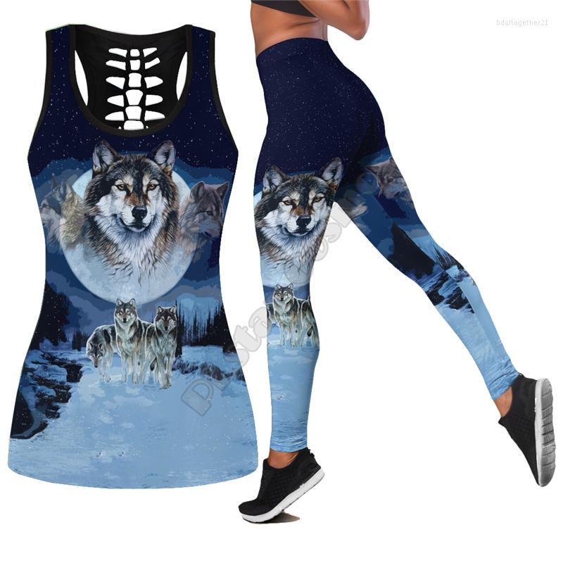 

Women' Tanks Beautifull White Wolf 3D All Over Printed Legging Hollow Tank Combo Suit Sexy Yoga Fitness Soft Summer Women For Girl 01
