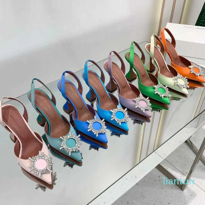 

2023 Shoes sandals Satin pointed slingbacks Bowtie pumps Crystal-sunflower high heeled shoe10cm Women's Party Wedding Shoes With, 36#