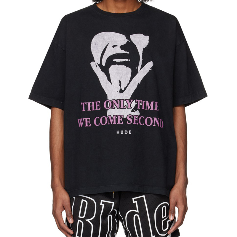 

23ss Summer USA Vintage Rock Tee We Come Second t shirt Men Women Hip Hop Street Casual Cotton Tshirt, Black