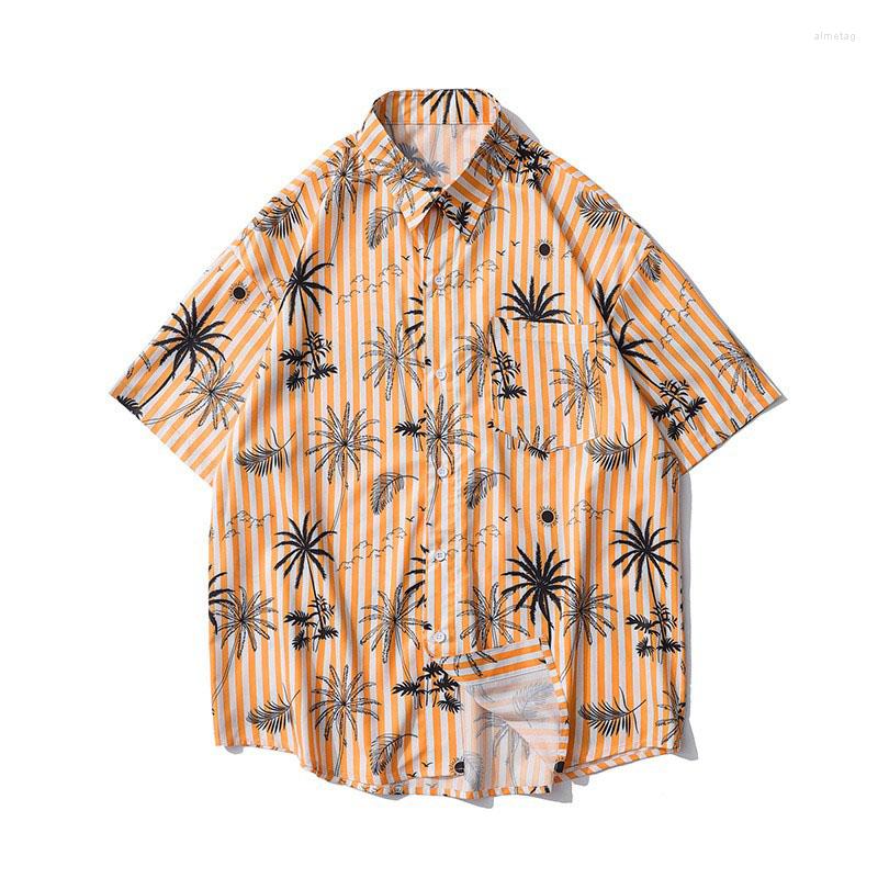 

Men's Casual Shirts Men Shirt Short Sleeve 2023 Arrival Summer Loose Male Thin Coconut Tree Stripe Korean Style Yellow Blue S42, 5219blue
