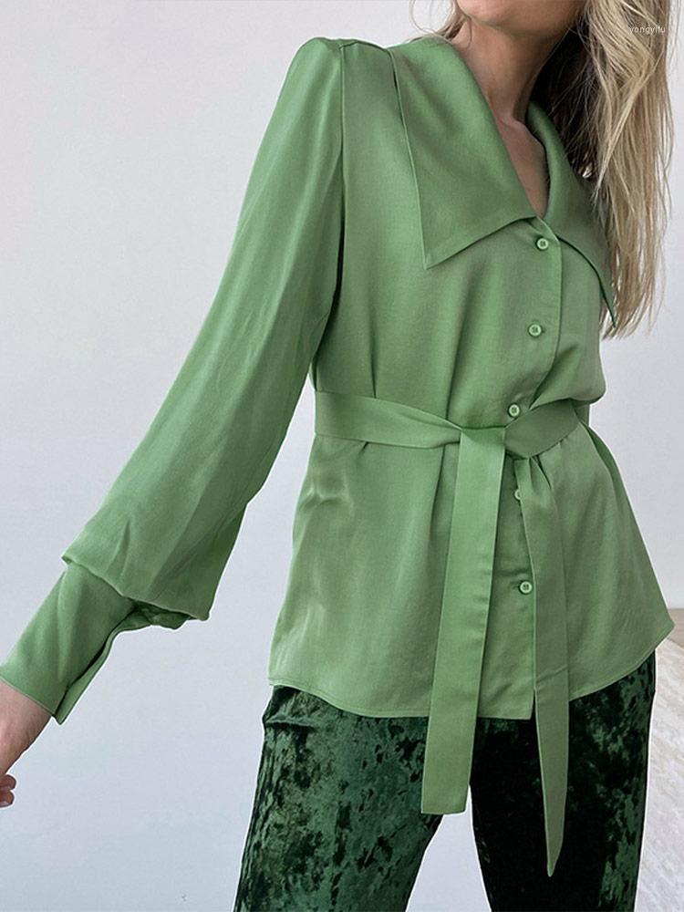 

Women' Blouses Elegant Satin Solid Women' Shirts Sailor Collar Long Sleeve Fashion Belt Office Lady Shirt 2023 Blue Single Breasted