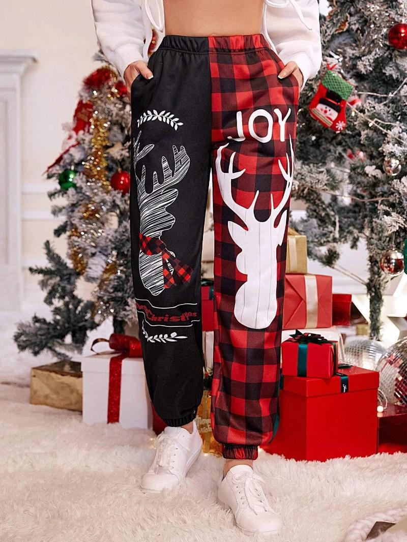 

Women' Pants Christmas Elk Print Plaid Women Vintage Patchwork Loose Trousers Female Joggers Streetwear High Waist Casual Harem, Brown