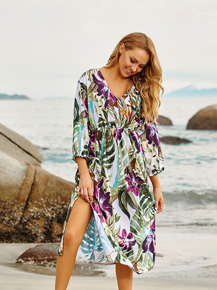 

Women's Swimwear Bikini Cover Up Sexy V Neck Boho Dress Beach Pareos Robe Plage Kaftan Tunic Sarong Women Casual Maxi, As photo