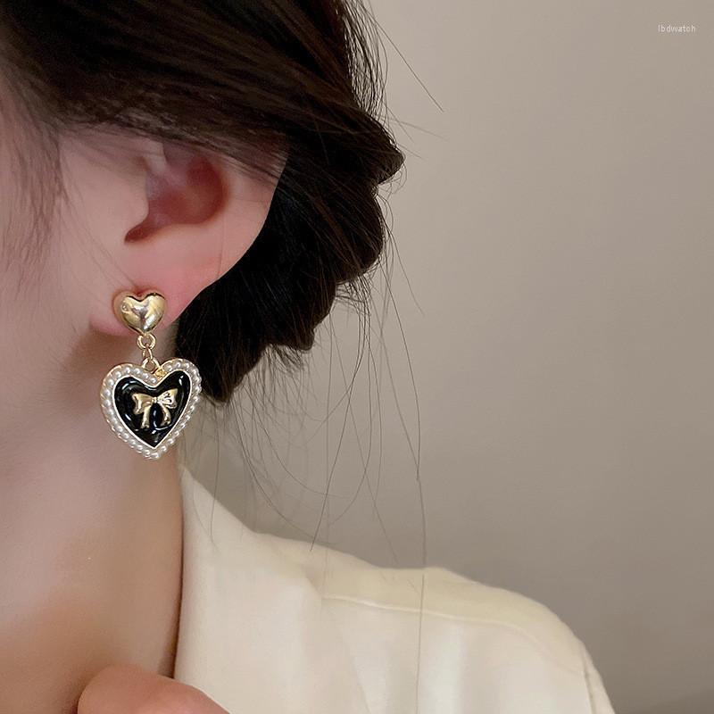 

Dangle Earrings Compact Cute Heart-shaped Bowknot Design Sense Love Pendant Drop Glaze Super Fairy Dreamy Jewelry