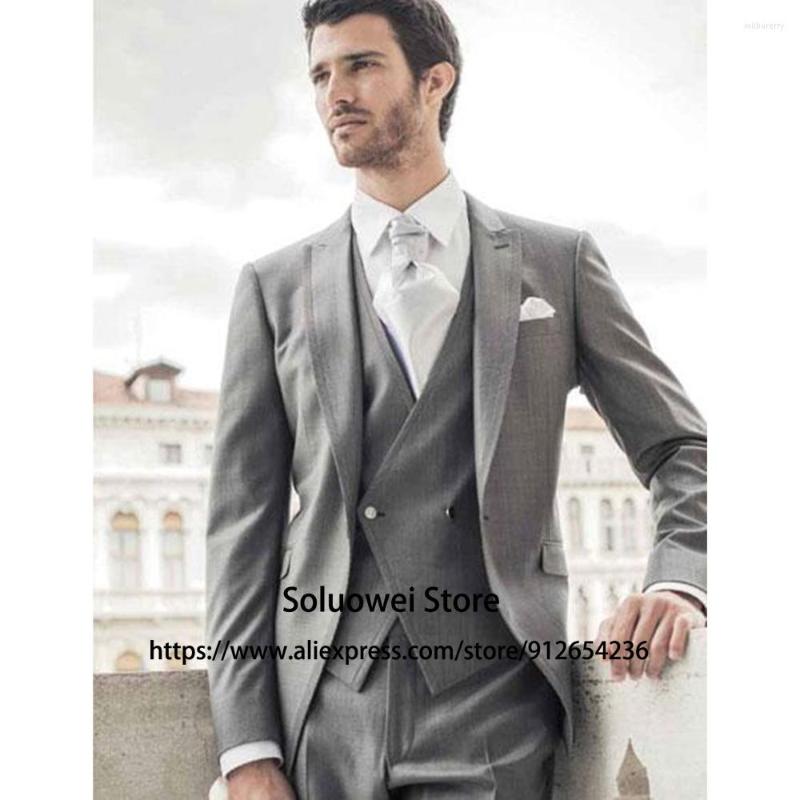 

Men's Suits Fashion Grey Mens 3 Piece Jacket Vest Pants Set Groom Wedding Party Peaked Lapel Tuxedo Formal Business Blazer Masculino, Dark grey