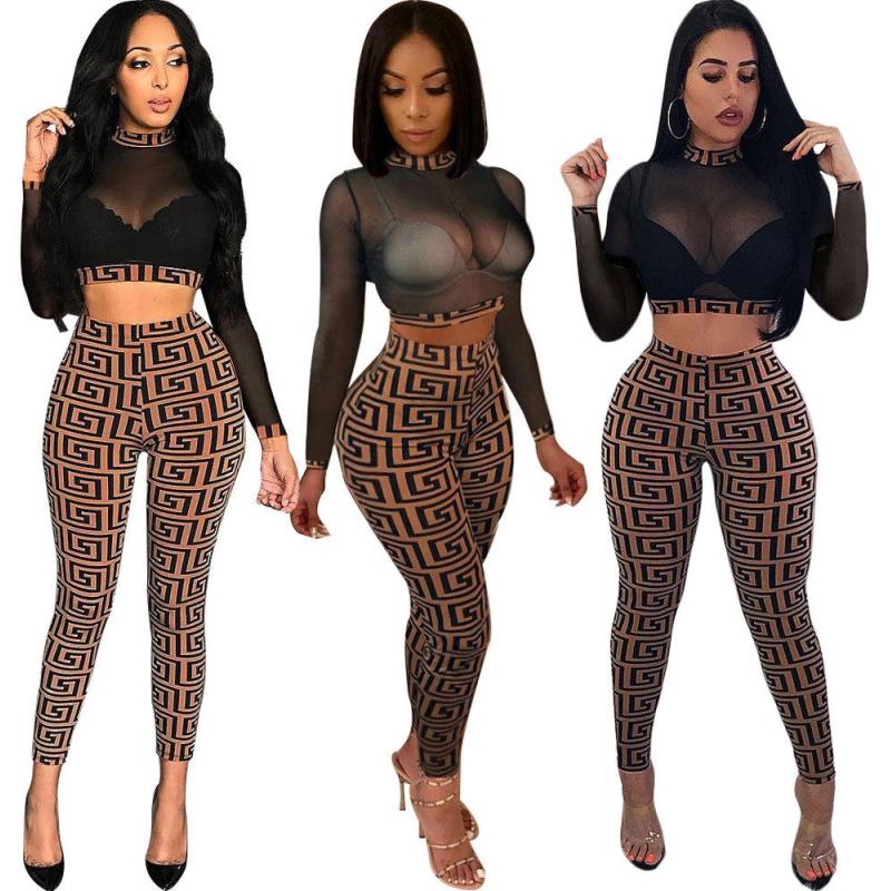 

Down jacket Autumn Women Sexy Sheer Plaid 2pc Pant suit Stretchy High Neck Long Sleeve Crop Top Long Slim Pantsuit Party Two Piece Outf Andu, Black