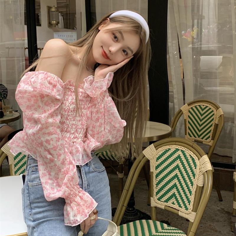 

Women's Blouses & Shirts #4070 Pink Print Short Blouse Women Slash Neck Sexy Ruffles Chiffon Drawstring Fold Top Female Flare Long Sleeve Su