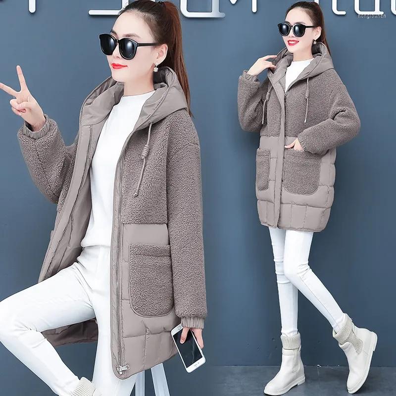 

Women's Trench Coats 2023 Winter Down Cotton Parker Women Hooded Mid-length Coat Loose Casual Lambswool Stitching Parka Jackets Ladies, Black