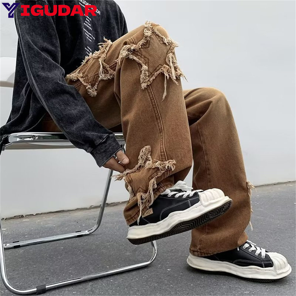 

Men  Jeans Fashion Stars Towel Embroidery Brown Baggy Men Pants Y2K Clothes Straight Hip Hop Cotton Trousers Pantalon Homme 230313