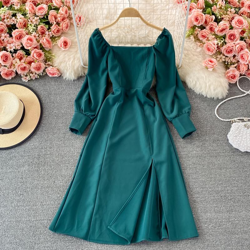 

Casual Dresses ZCWXM 2023 Spring Women Long Dress Elegant A Line Square Collar Puff Sleeve Chiffon Pullver Solid Slim Lady, White